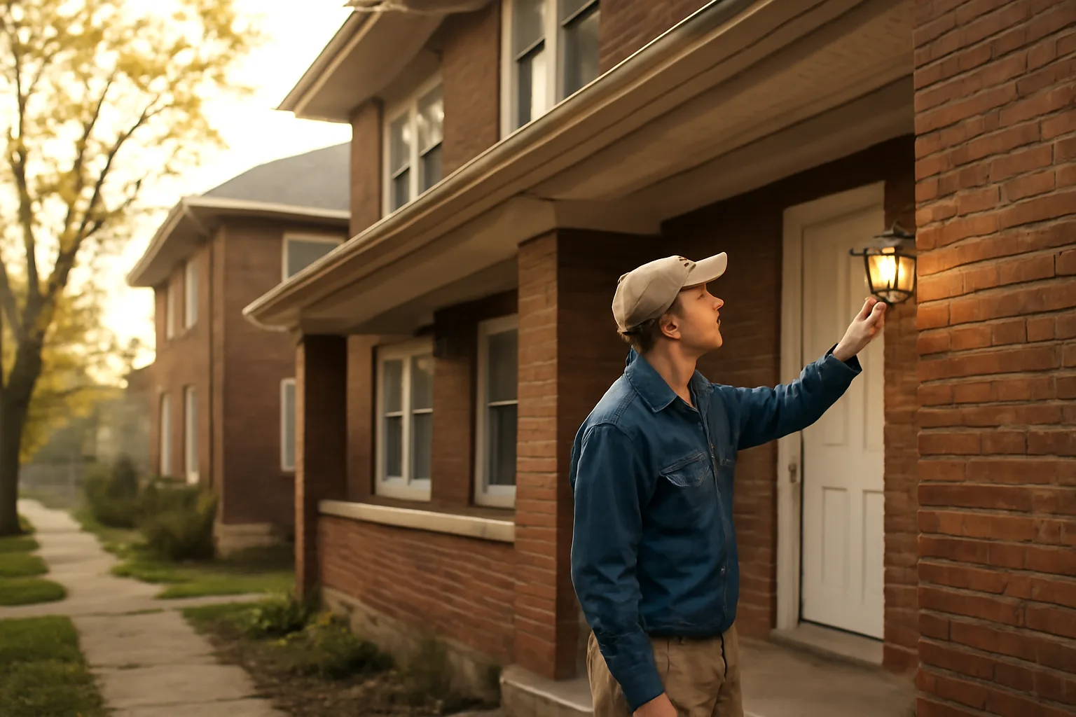 Landlord inspecting a porch light on a brick Kansas City rental duplex