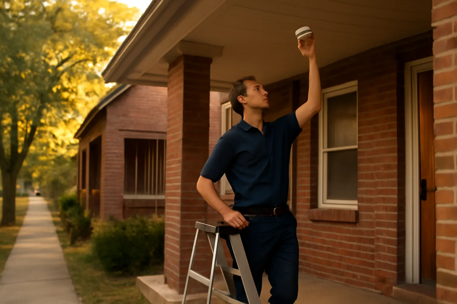 Landlord checking a smoke detector on a Denver rental duplex porch
