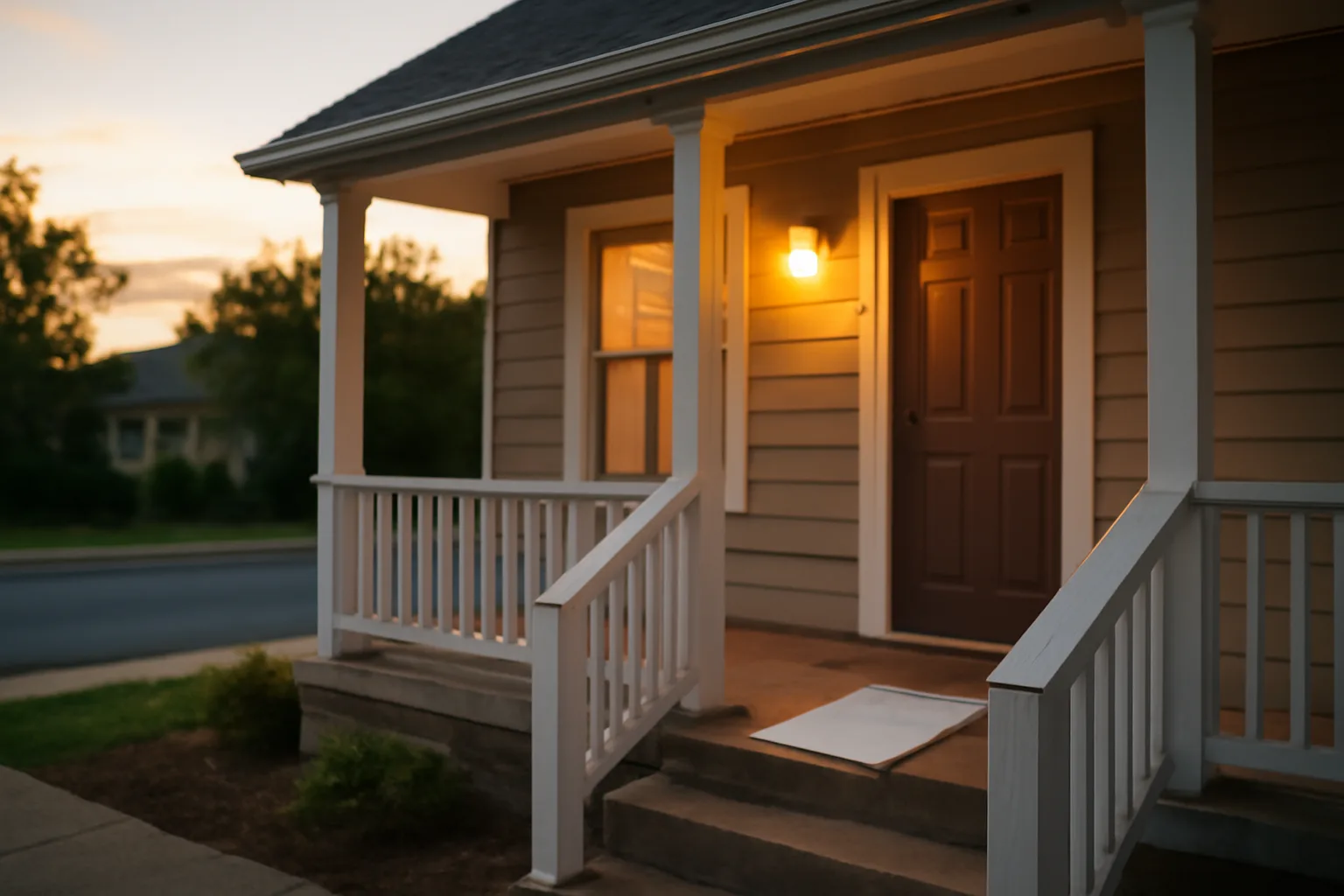 Suburban rental duplex exterior at dusk with porch light on, no signage visible