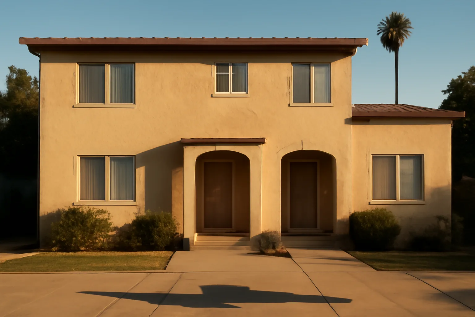 Duplex rental property exterior in Los Angeles County at golden hour
