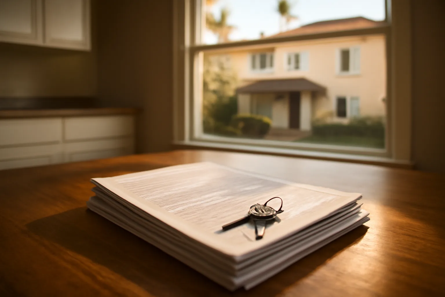Landlord reviewing property documents at a table with LA county duplex visible outside