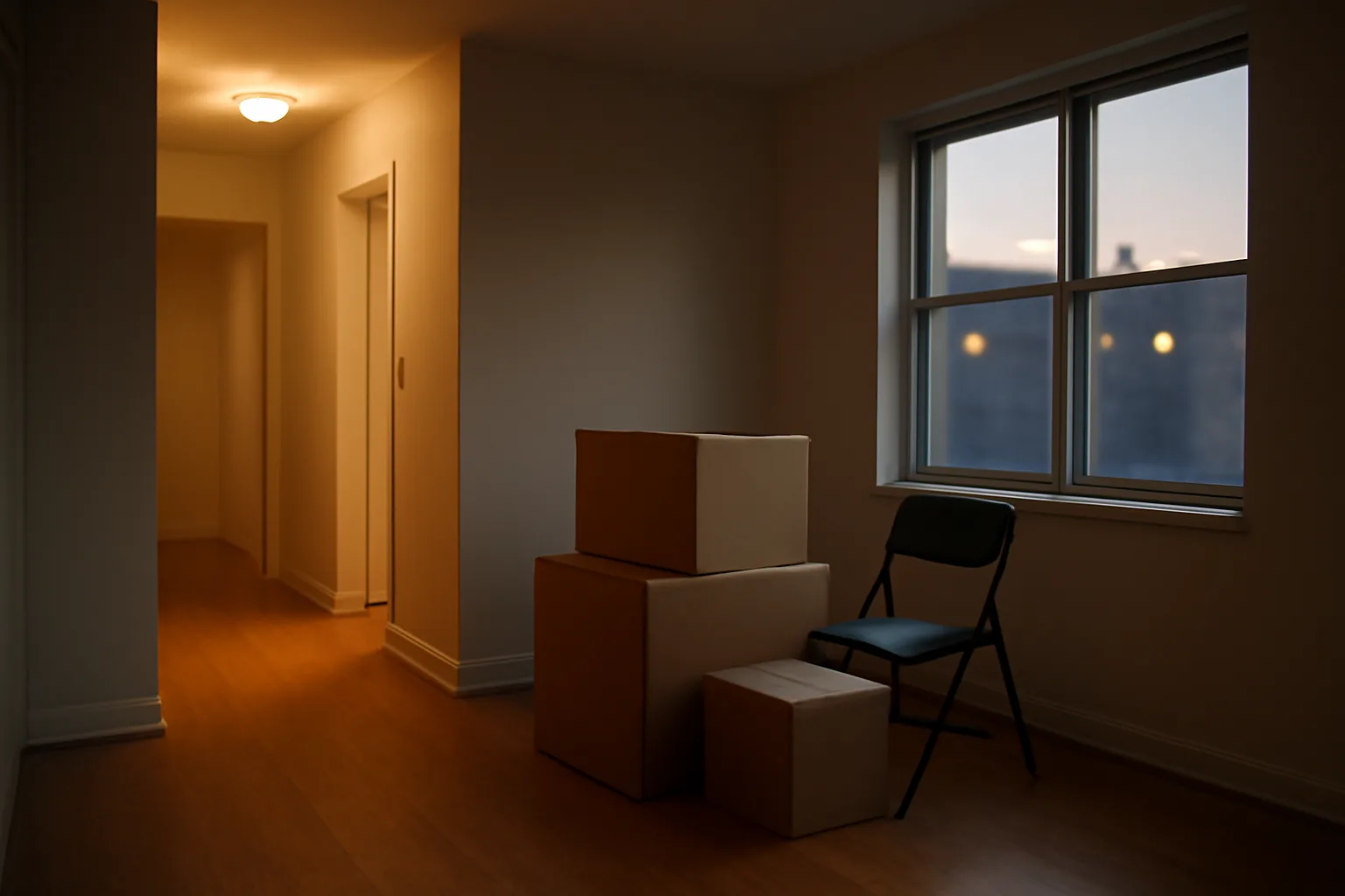 Empty rental unit with a tenant's abandoned boxes left near a window
