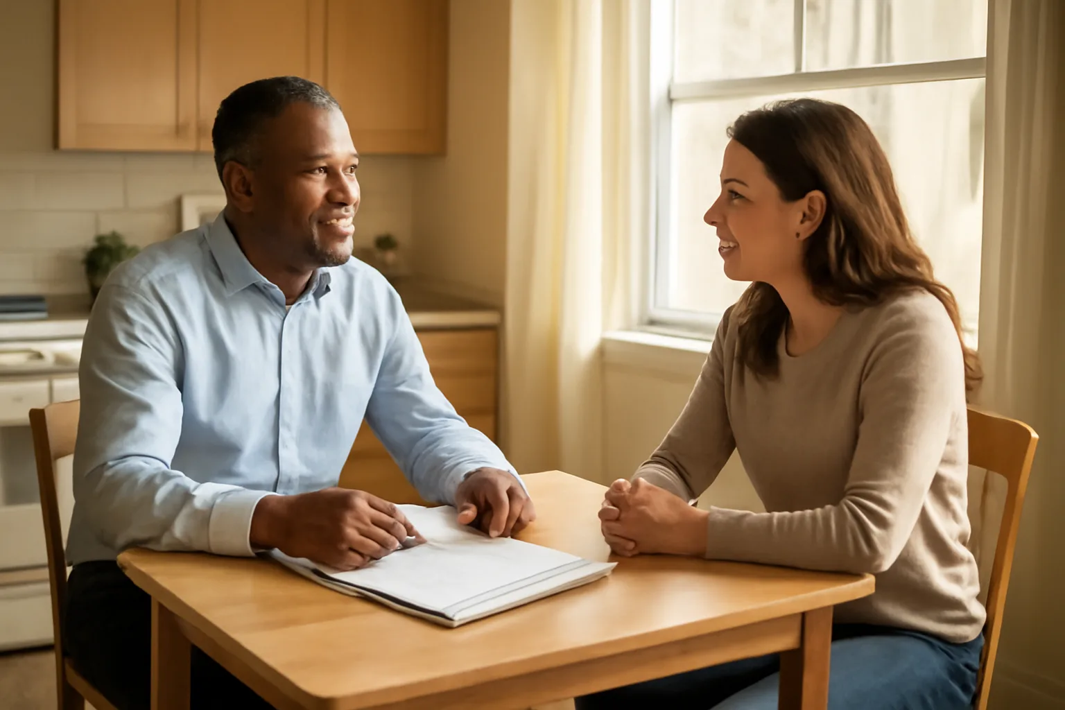 Landlord and tenant discussing rental application at a kitchen table