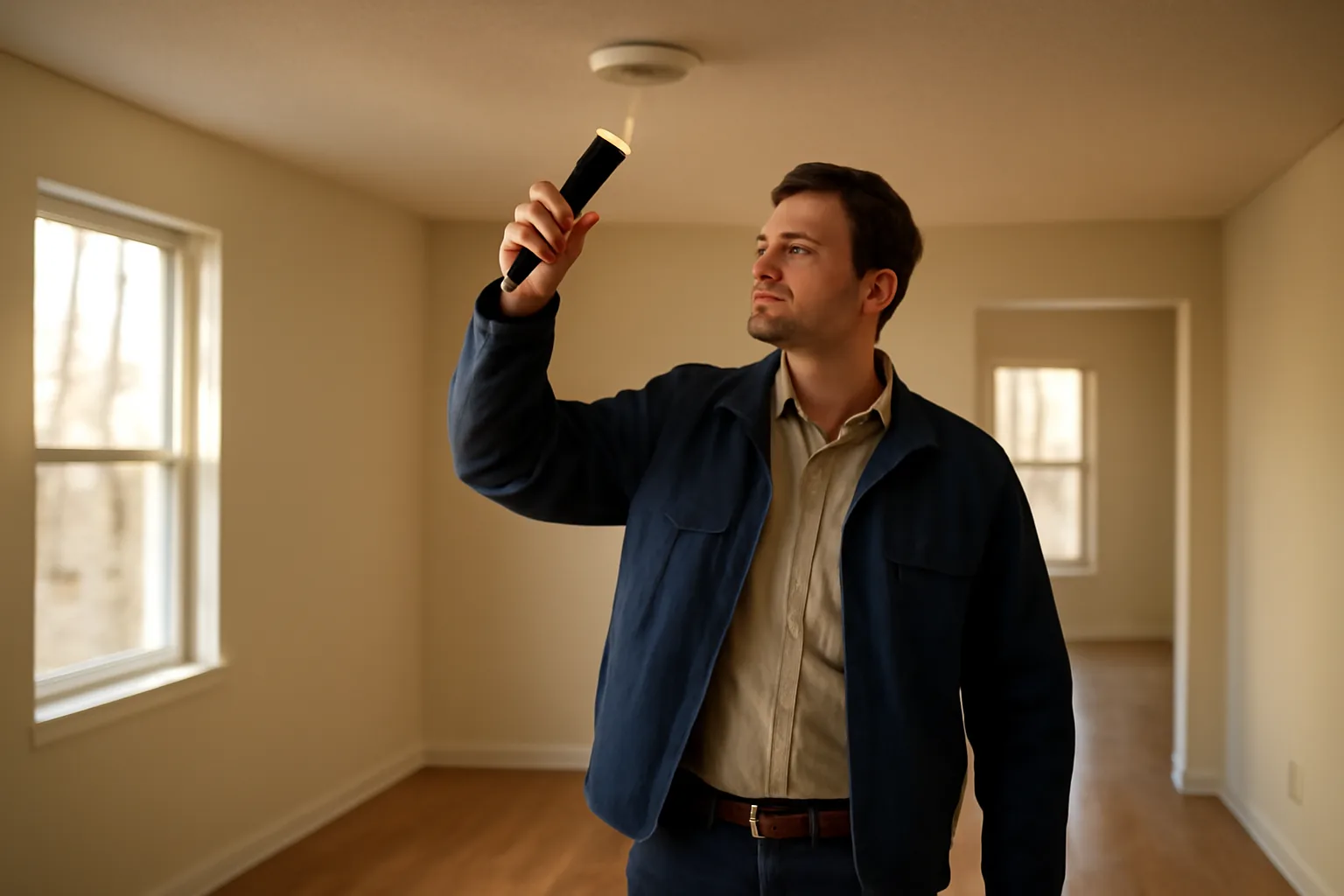 Landlord inspecting a smoke detector in an empty rental unit before licensing review
