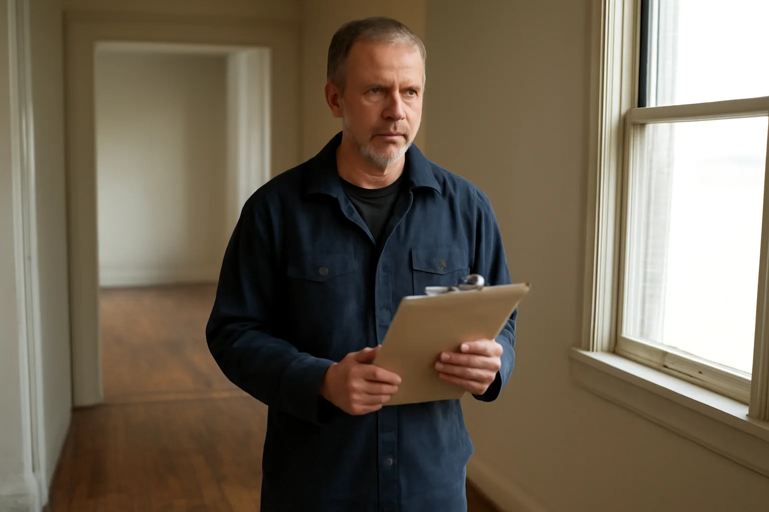 Landlord conducting a walk-through inspection in an empty rental unit hallway