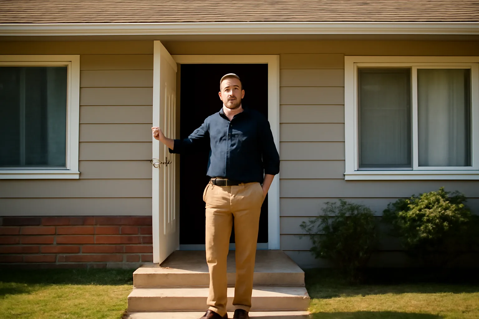 Landlord standing at open front door of rental house illustrating entry notice requirements