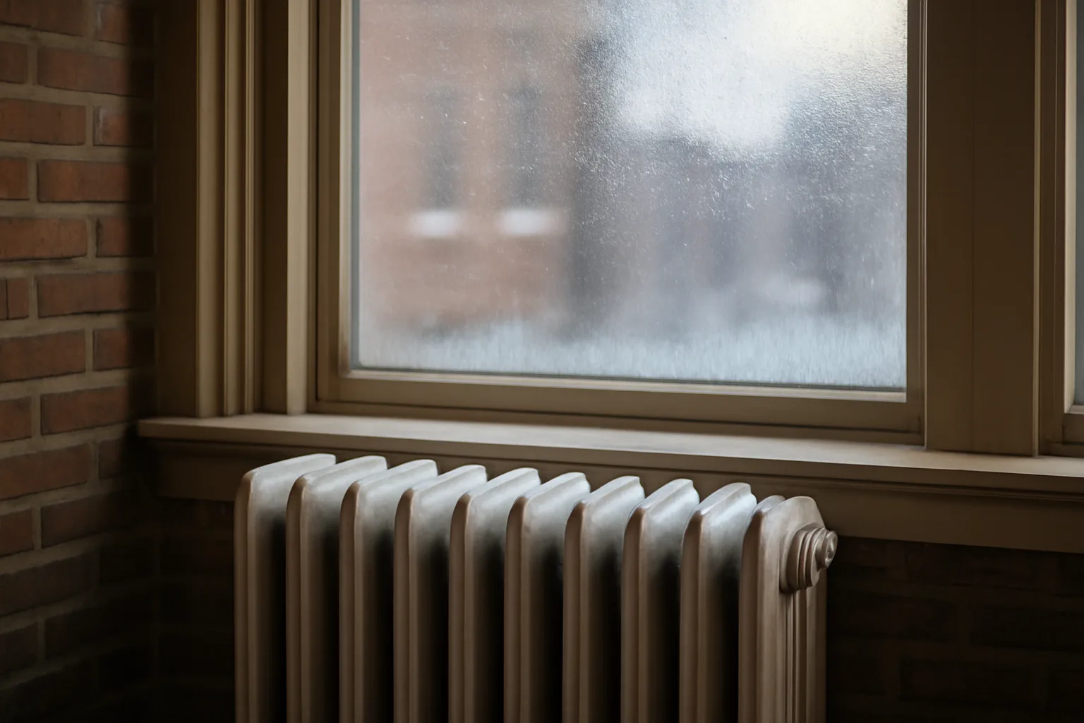 Steam radiator by a frosted window illustrating Illinois landlord heat requirements in winter