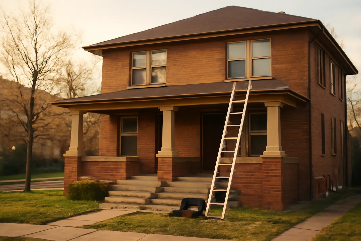 Brick Denver duplex rental property with ladder and toolbox on porch steps