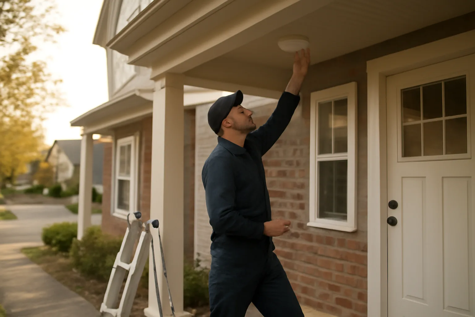 landlord checking a smoke detector during a rental property inspection walk-through