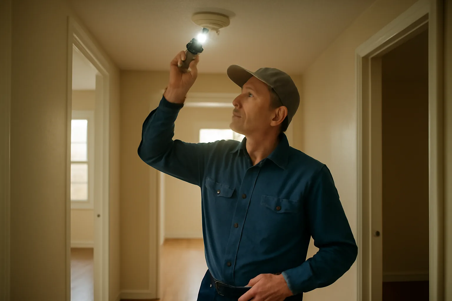 Landlord checking a smoke detector during a rental unit inspection walkthrough