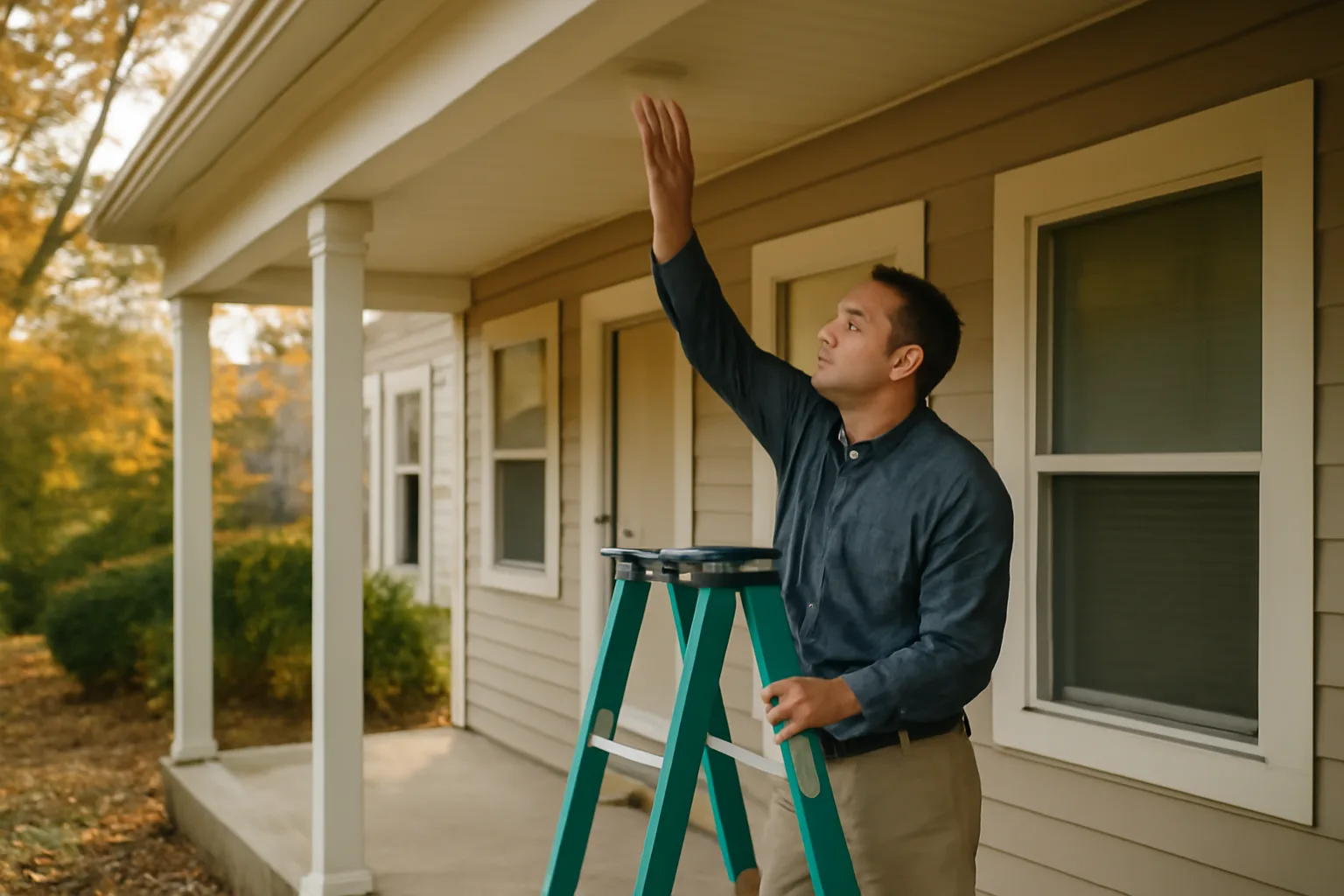Landlord inspecting a smoke detector on a Minnesota rental duplex porch