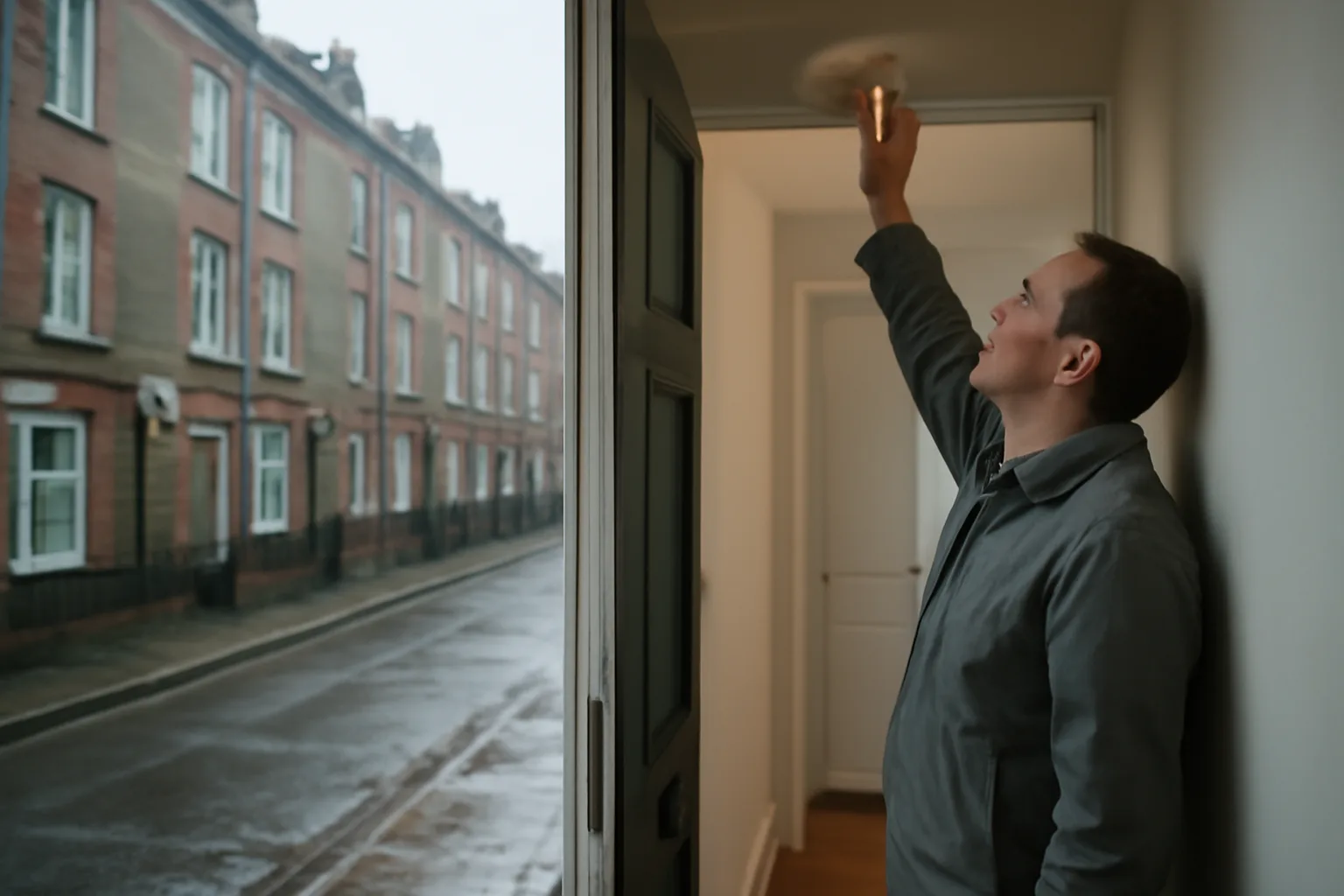 Landlord checking a smoke alarm inside a Newham terraced rental property hallway