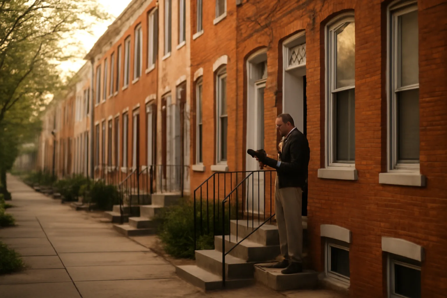 Landlord reviewing property details on a Pennsylvania rowhouse porch at sunrise