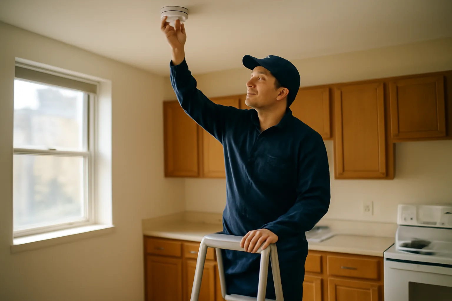Landlord inspecting a smoke detector in an empty rental unit kitchen