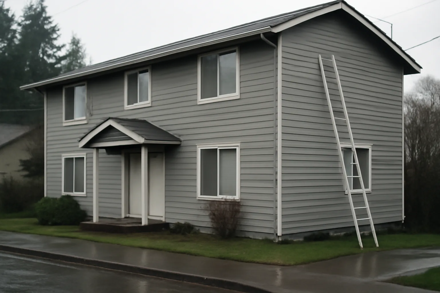 Duplex rental property exterior in Washington State on an overcast morning