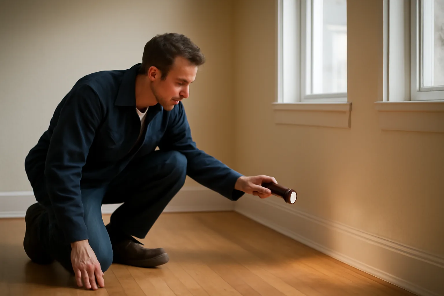 Landlord inspecting an empty apartment's wall and floor during a move-out inspection
