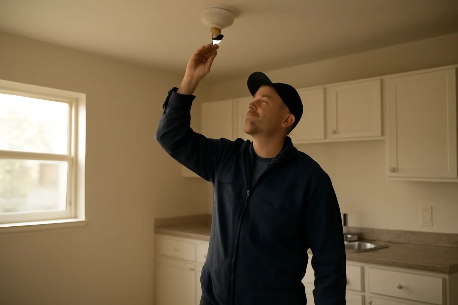 Landlord checking a smoke detector during a rental unit inspection walkthrough