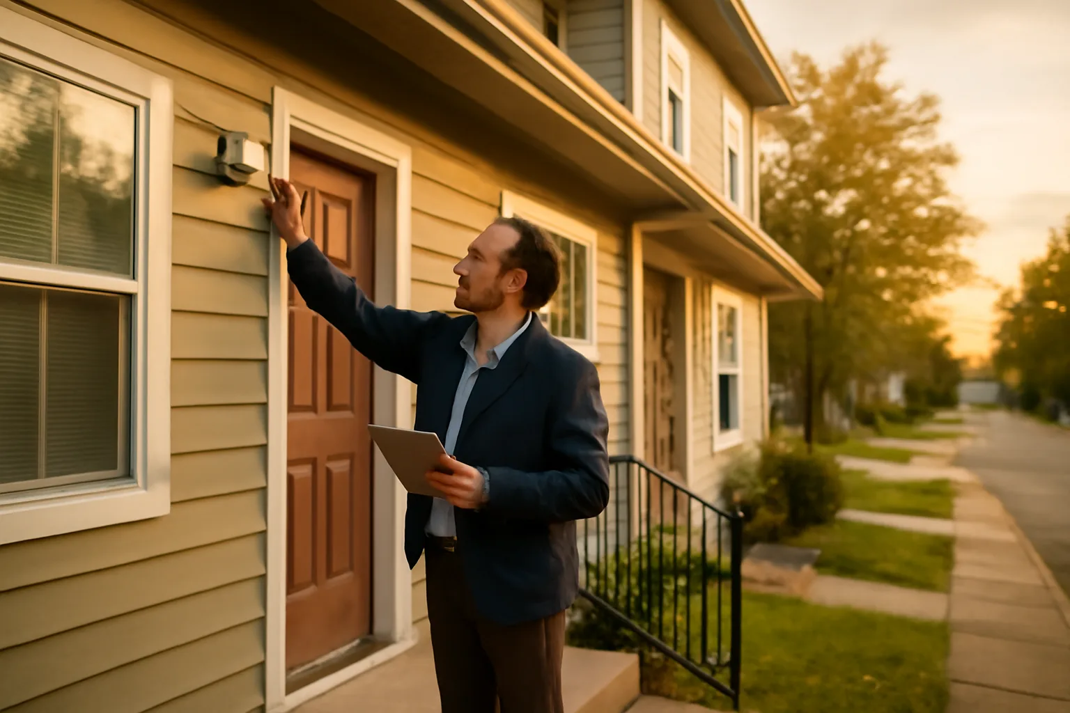 Landlord checking a smoke detector during rental registration inspection at a duplex
