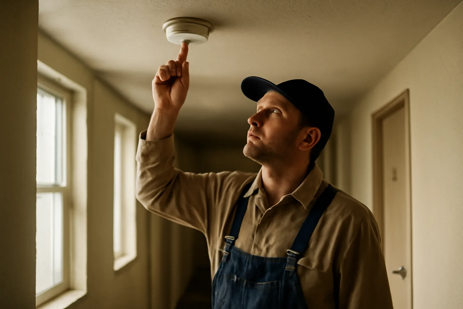 Landlord inspecting a smoke detector during a rental property walk-through