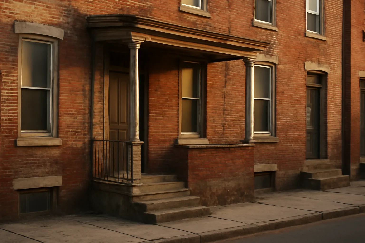 Row of brick rental houses on a quiet city street in morning light