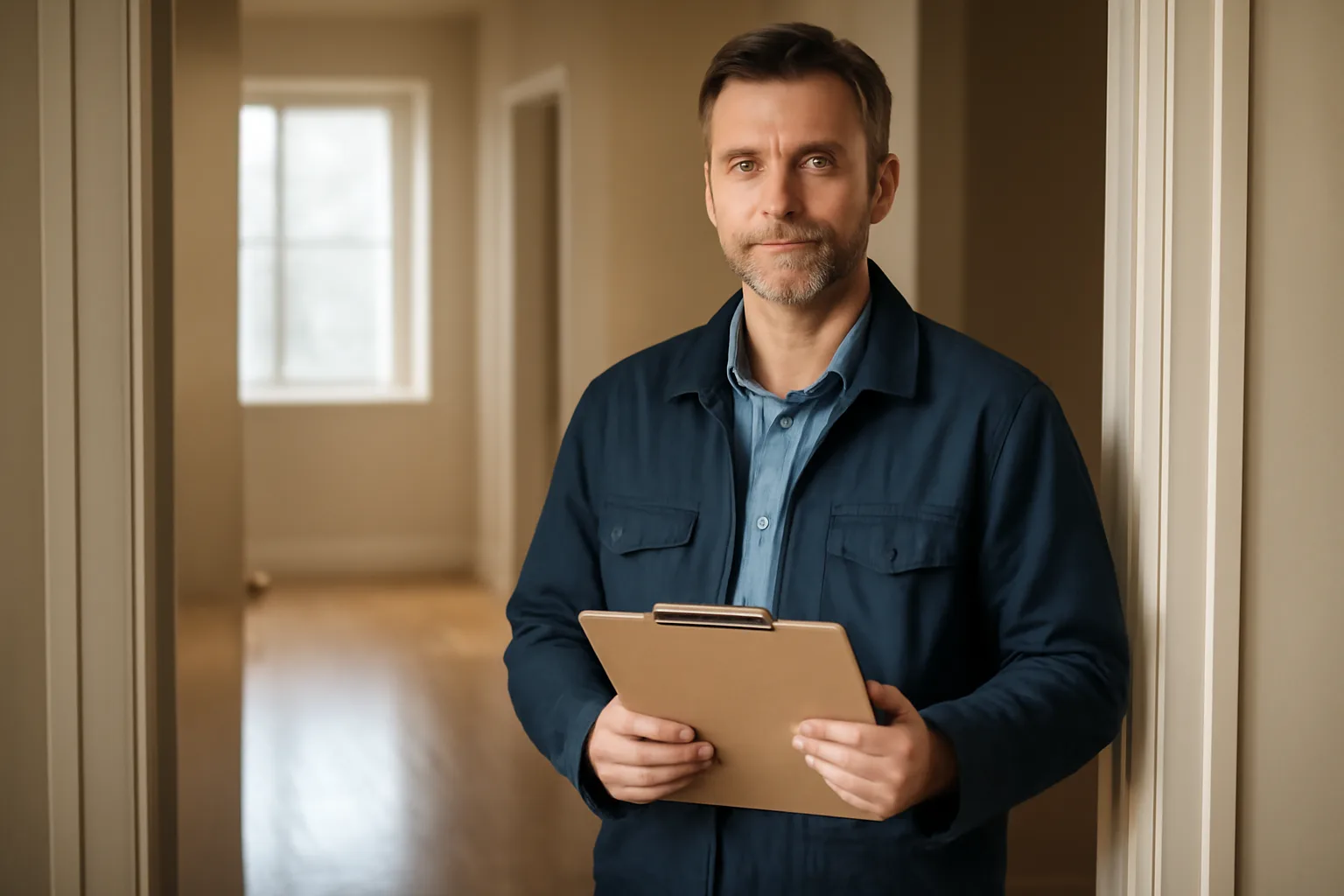 Landlord holding a blank clipboard during a rental unit walk-through inspection