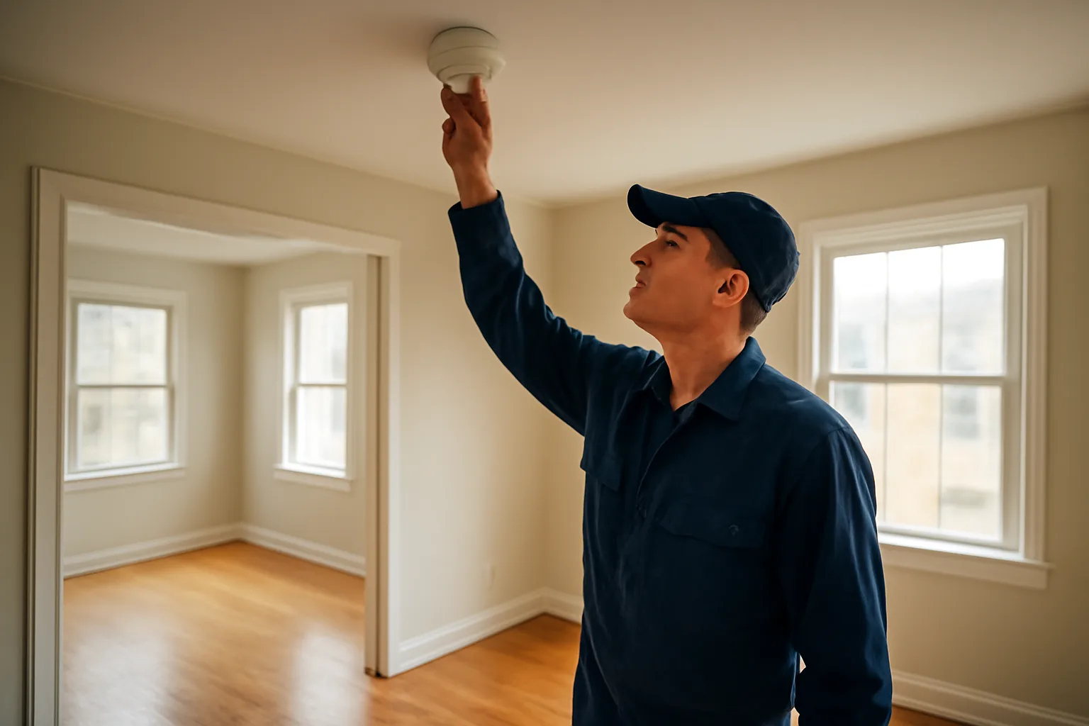 Landlord inspecting a smoke detector in an empty sunlit rental apartment