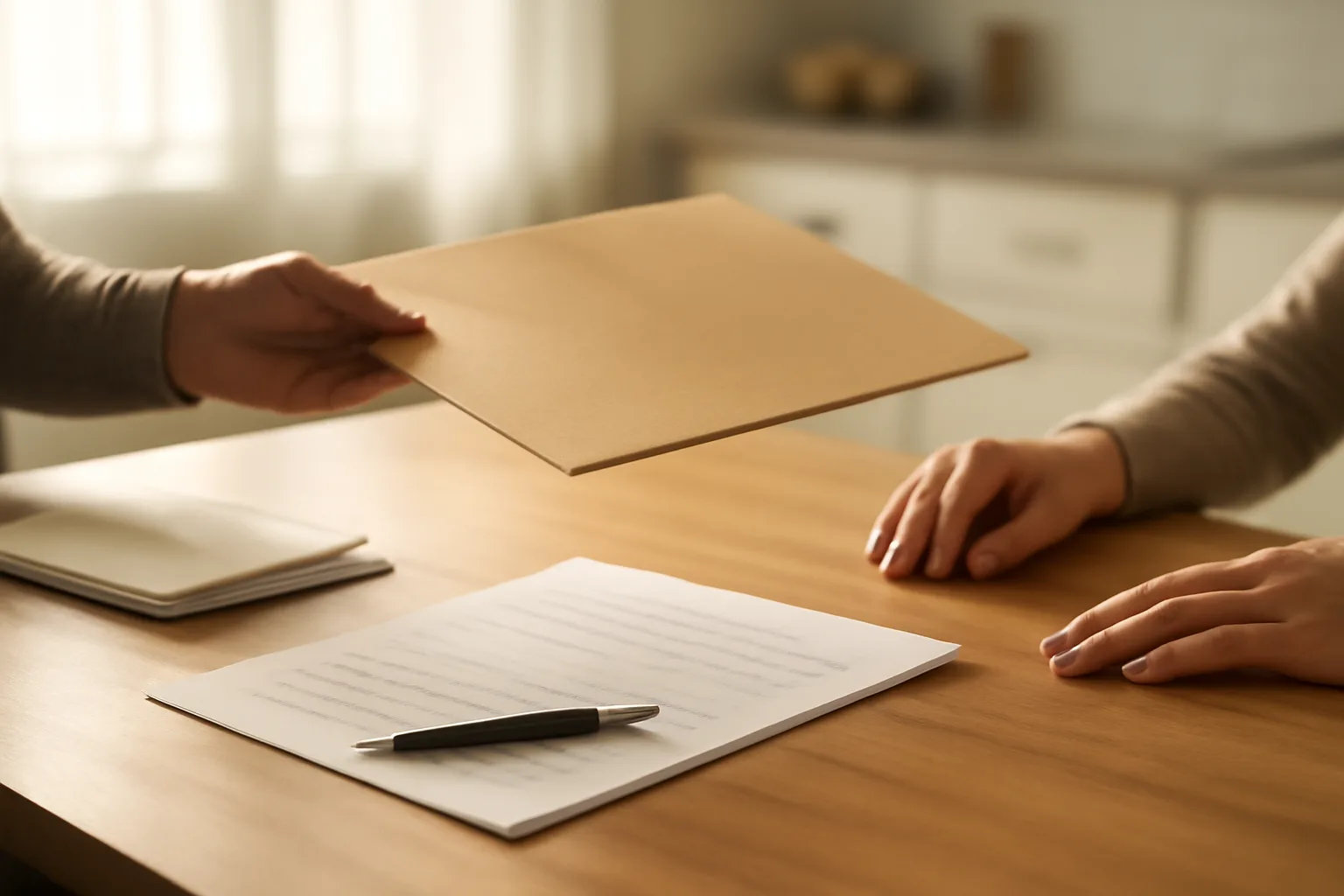 Landlord handing rental application papers across a kitchen table in morning light