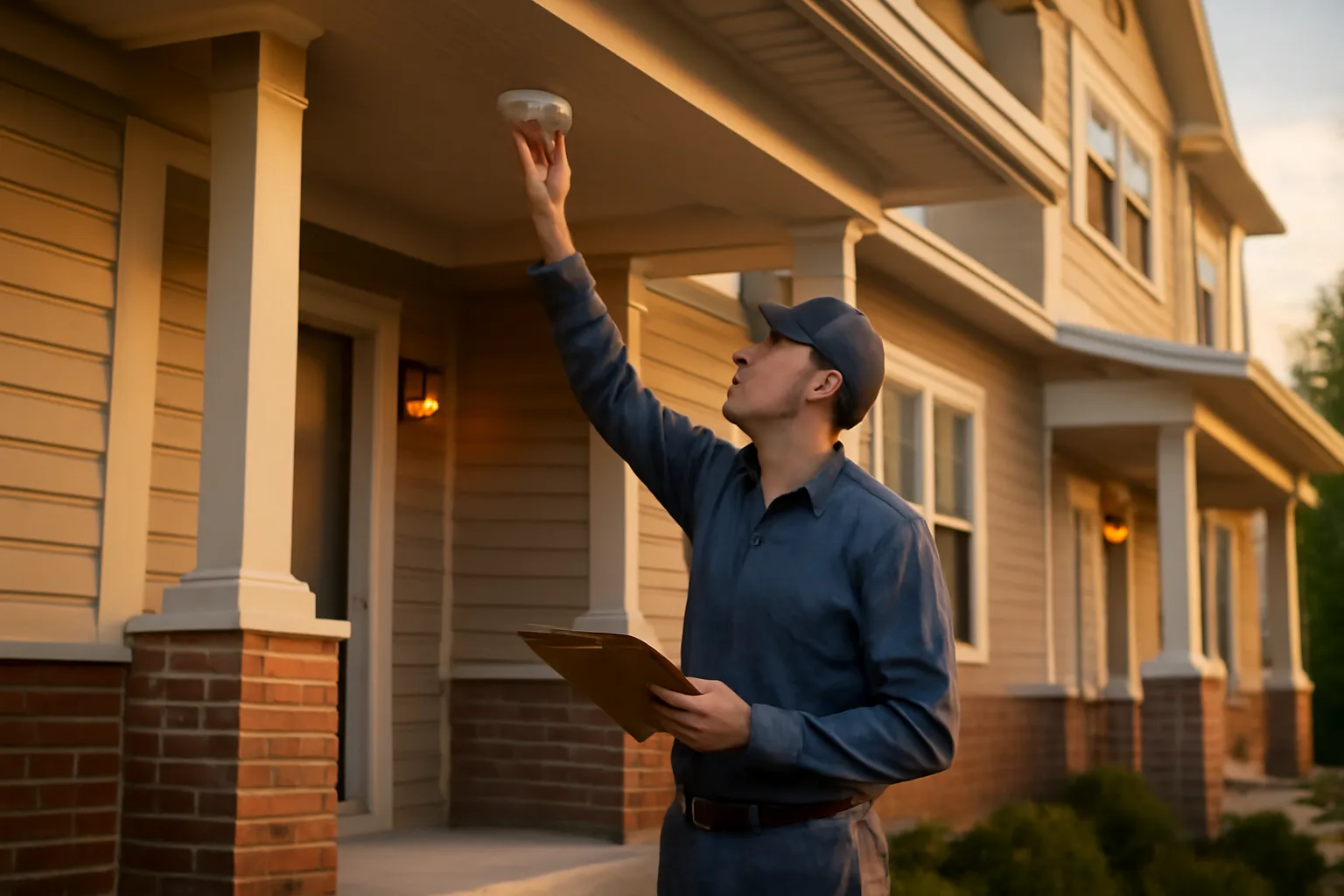 landlord inspecting a smoke detector on a residential rental property porch