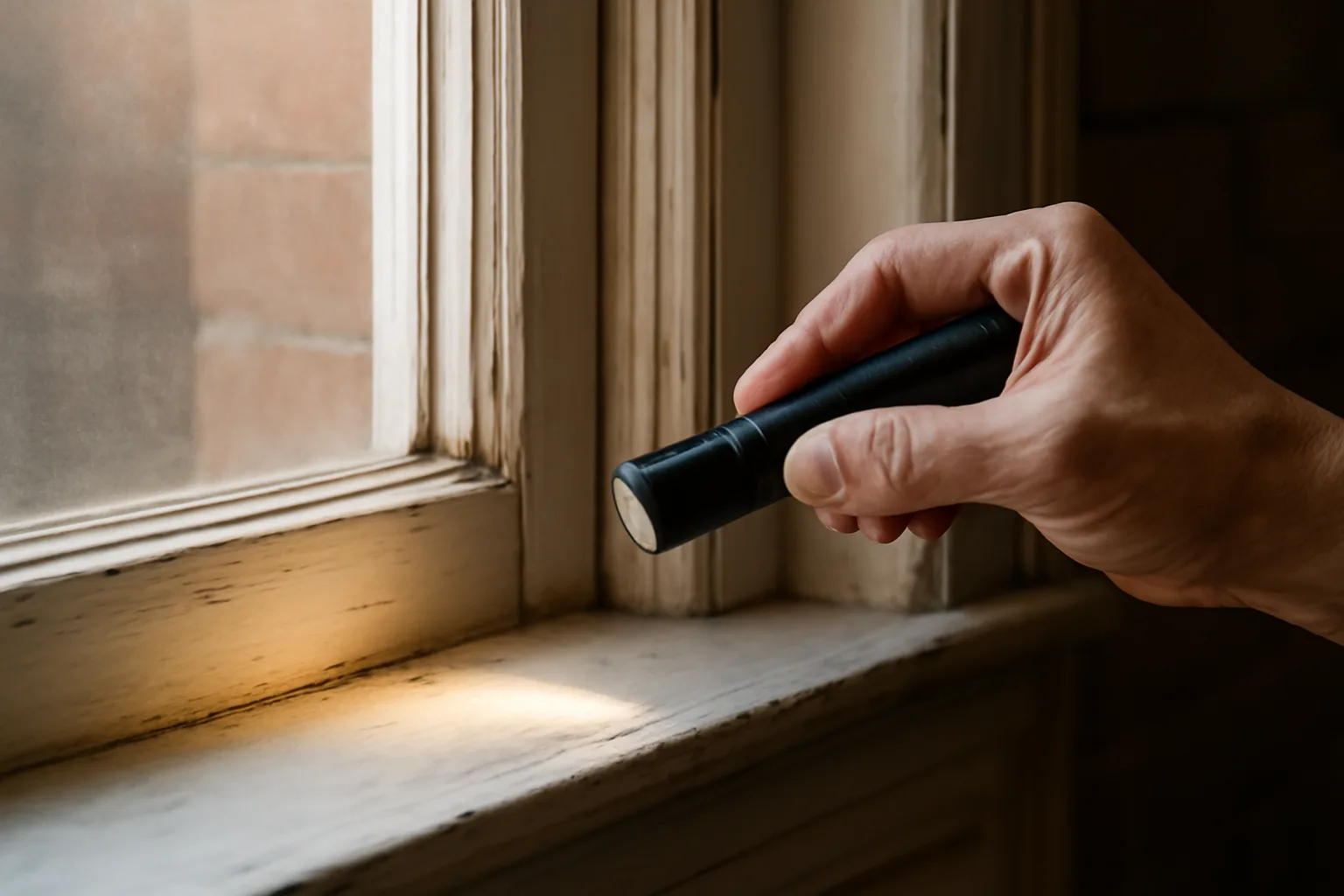 Inspector examining an old window frame during a Maryland lead paint rental inspection