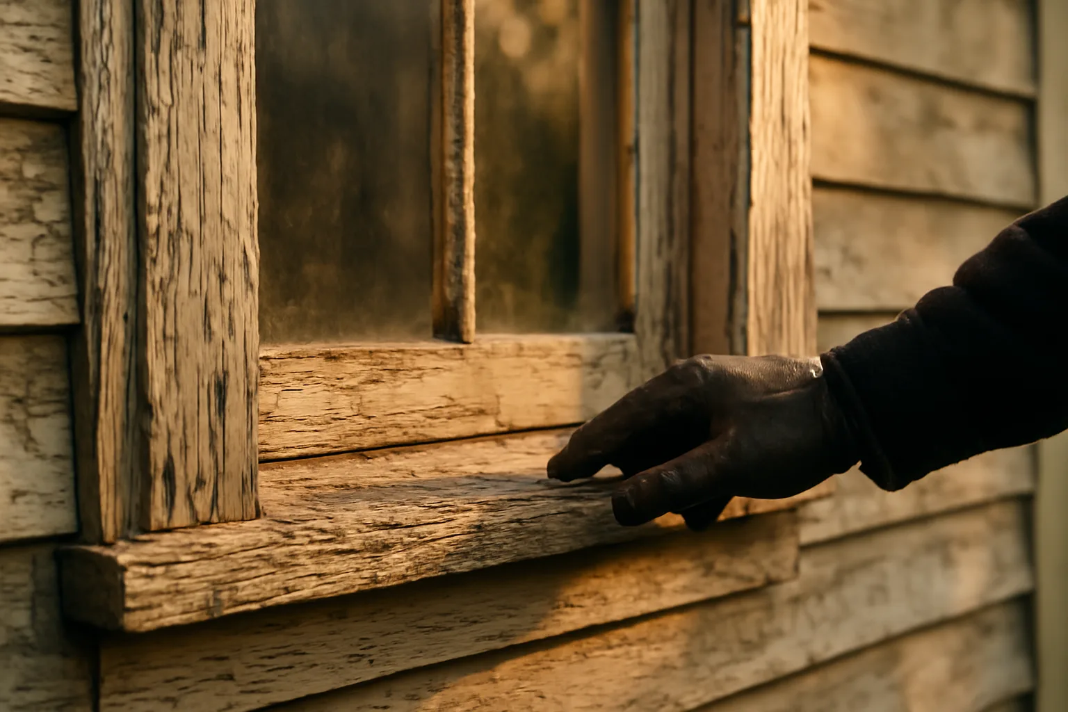 Gloved hand inspecting a peeling window sill during a lead-safe rental inspection