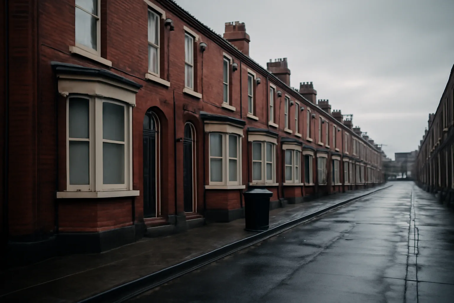 Row of brick terraced houses on a Liverpool street in morning light