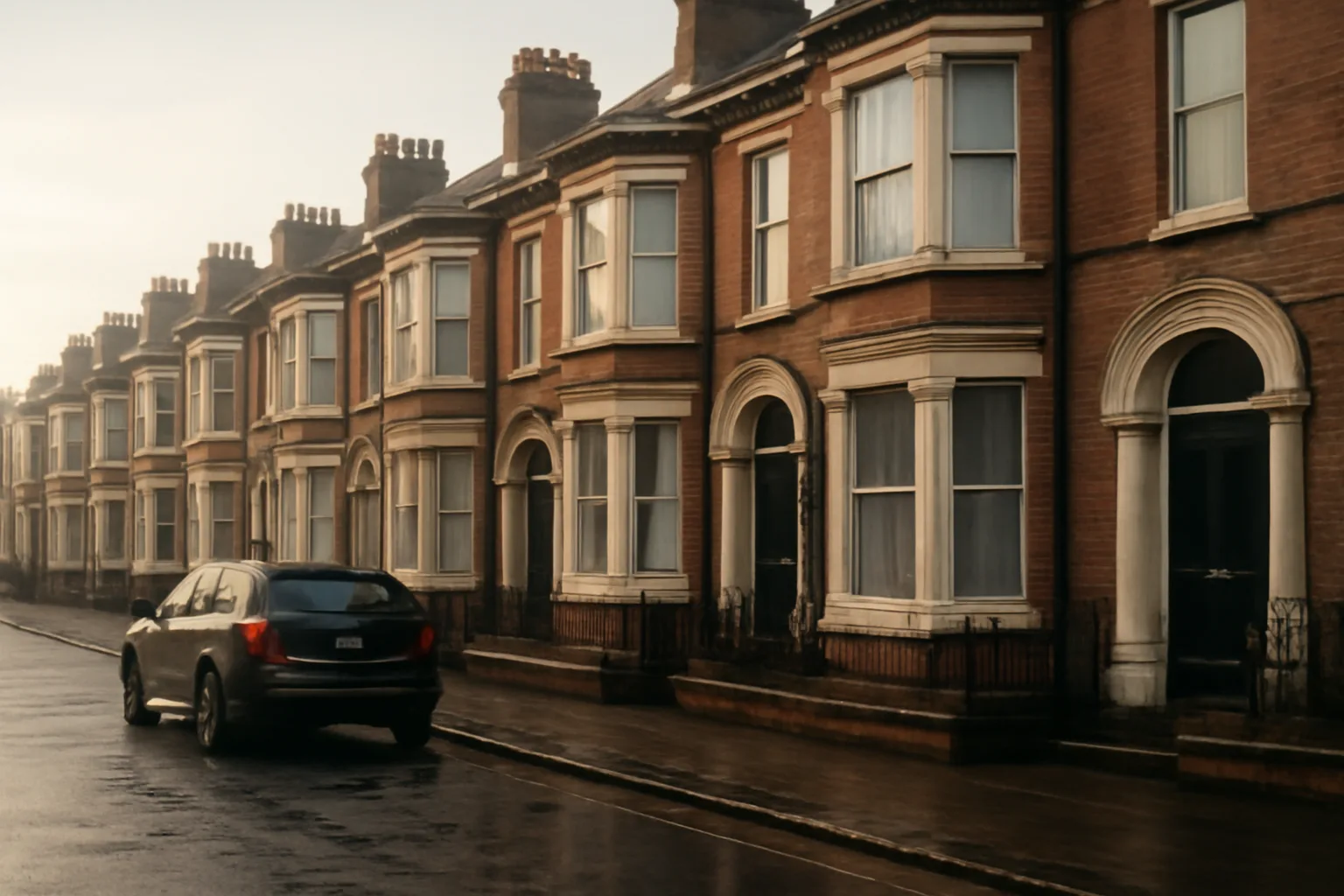 Row of Liverpool terraced rental houses in early morning light on residential street