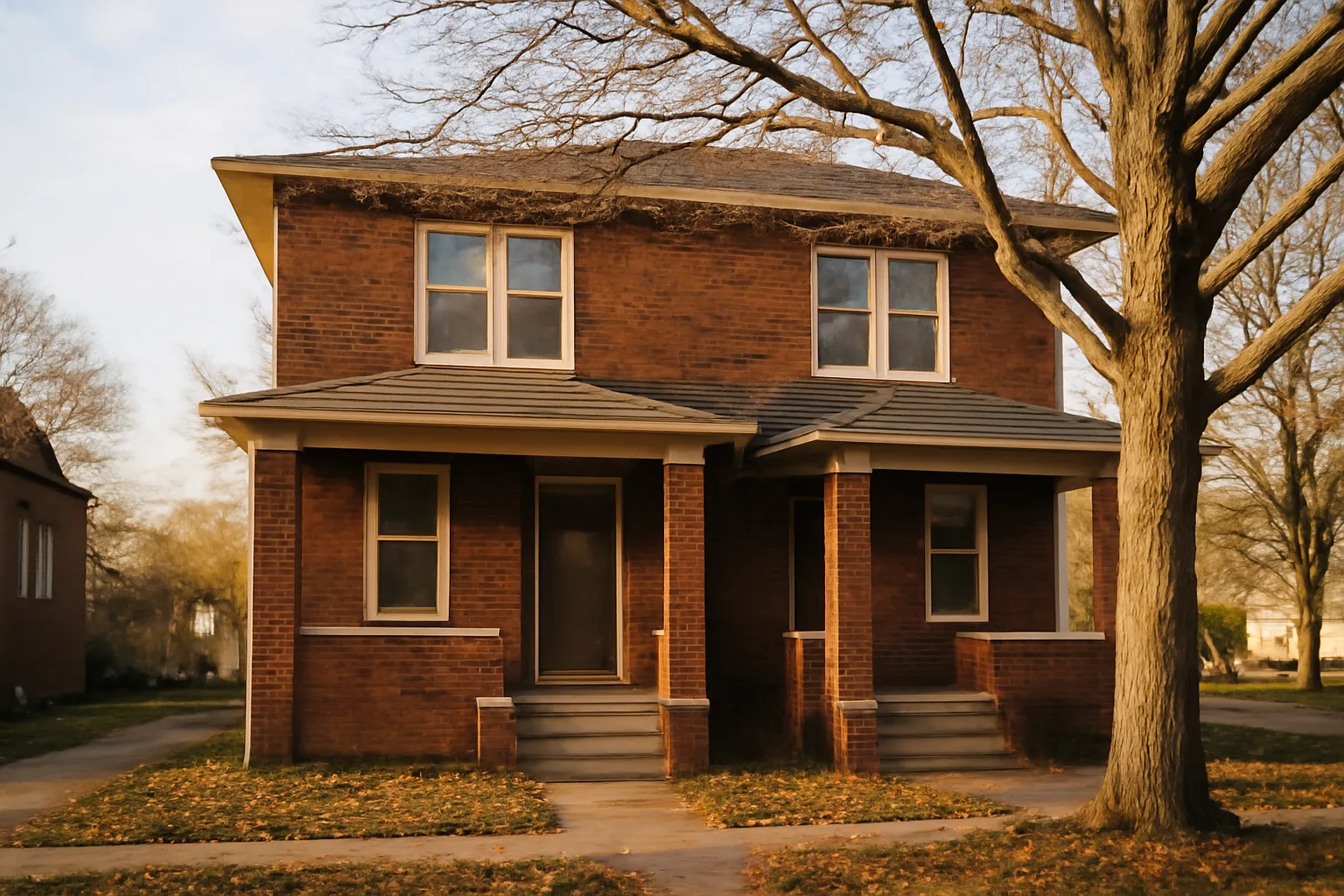 Brick duplex rental home on a residential street in Lucas County, Ohio