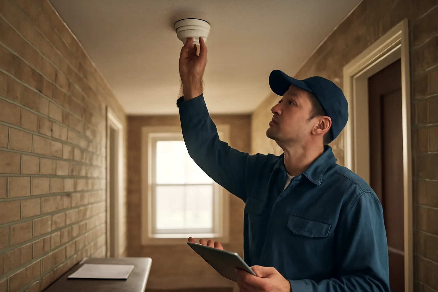 Landlord testing a smoke detector during a rental property inspection walkthrough