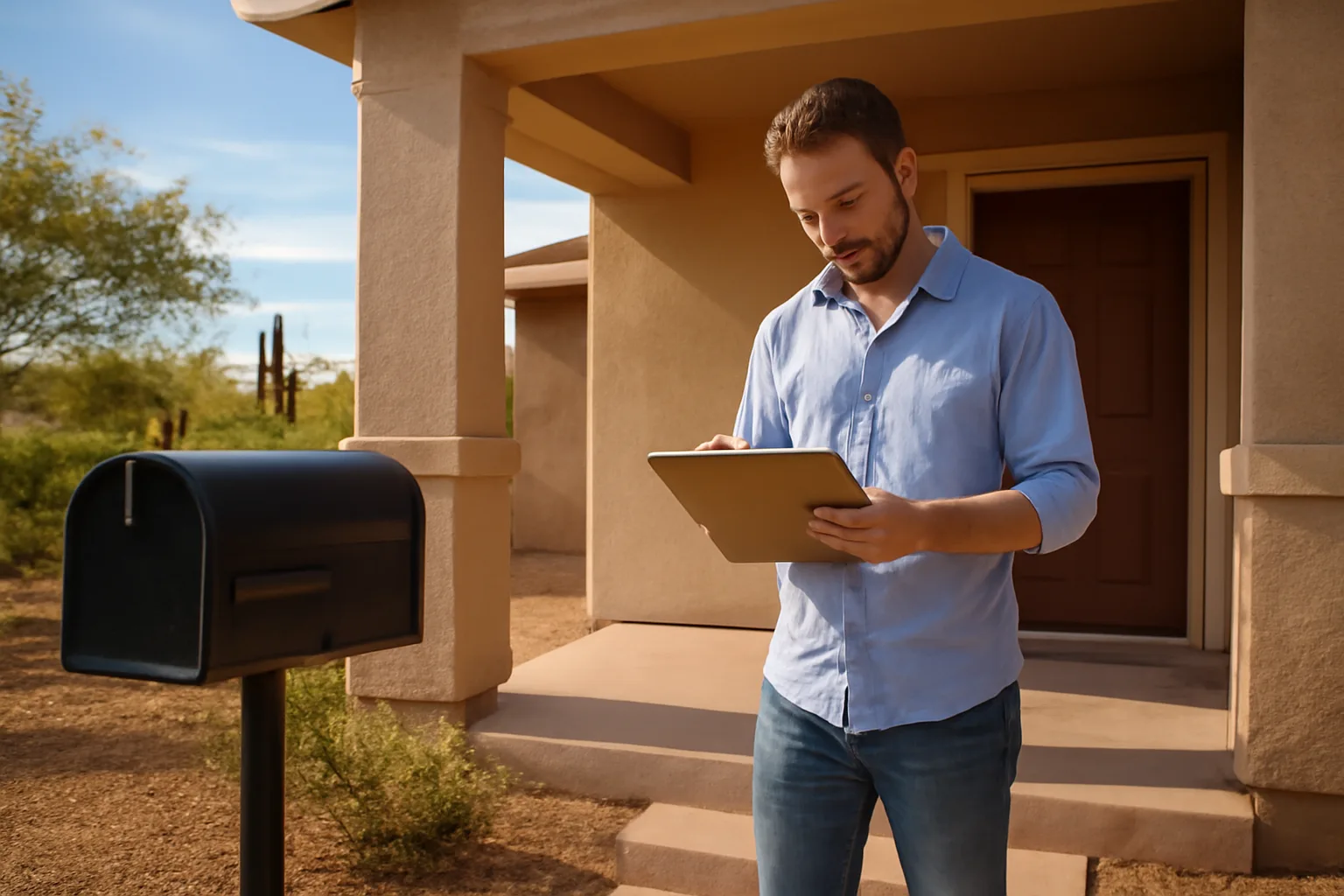 Landlord reviewing paperwork on a clipboard outside a Maricopa County rental home