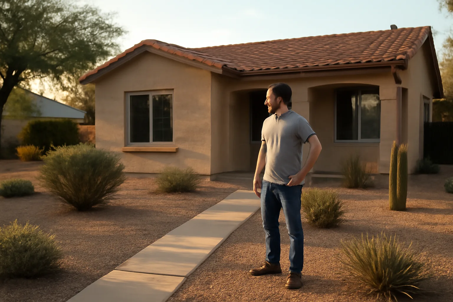 Landlord standing outside a Maricopa County rental home in late afternoon light