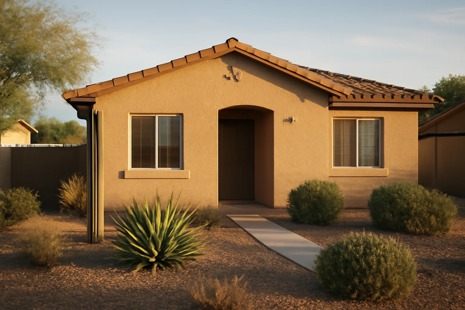 Single-story stucco rental home in a Maricopa County suburb in late afternoon light