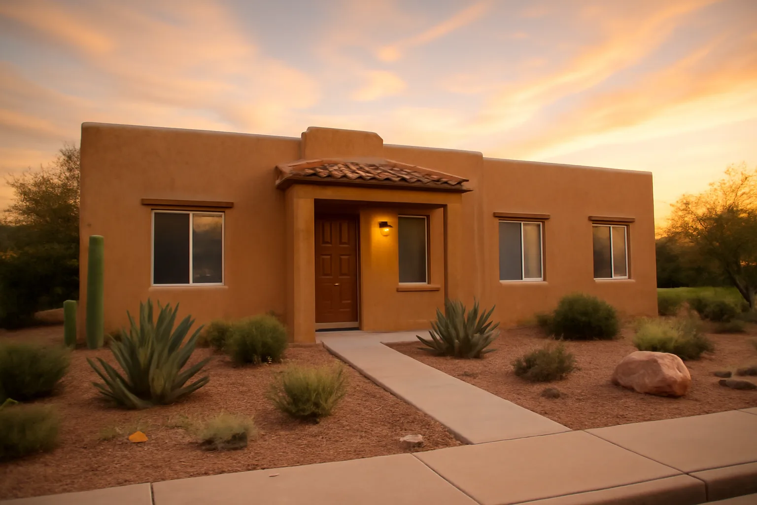 Stucco rental duplex in the Phoenix desert at golden hour, representing Maricopa rental registration