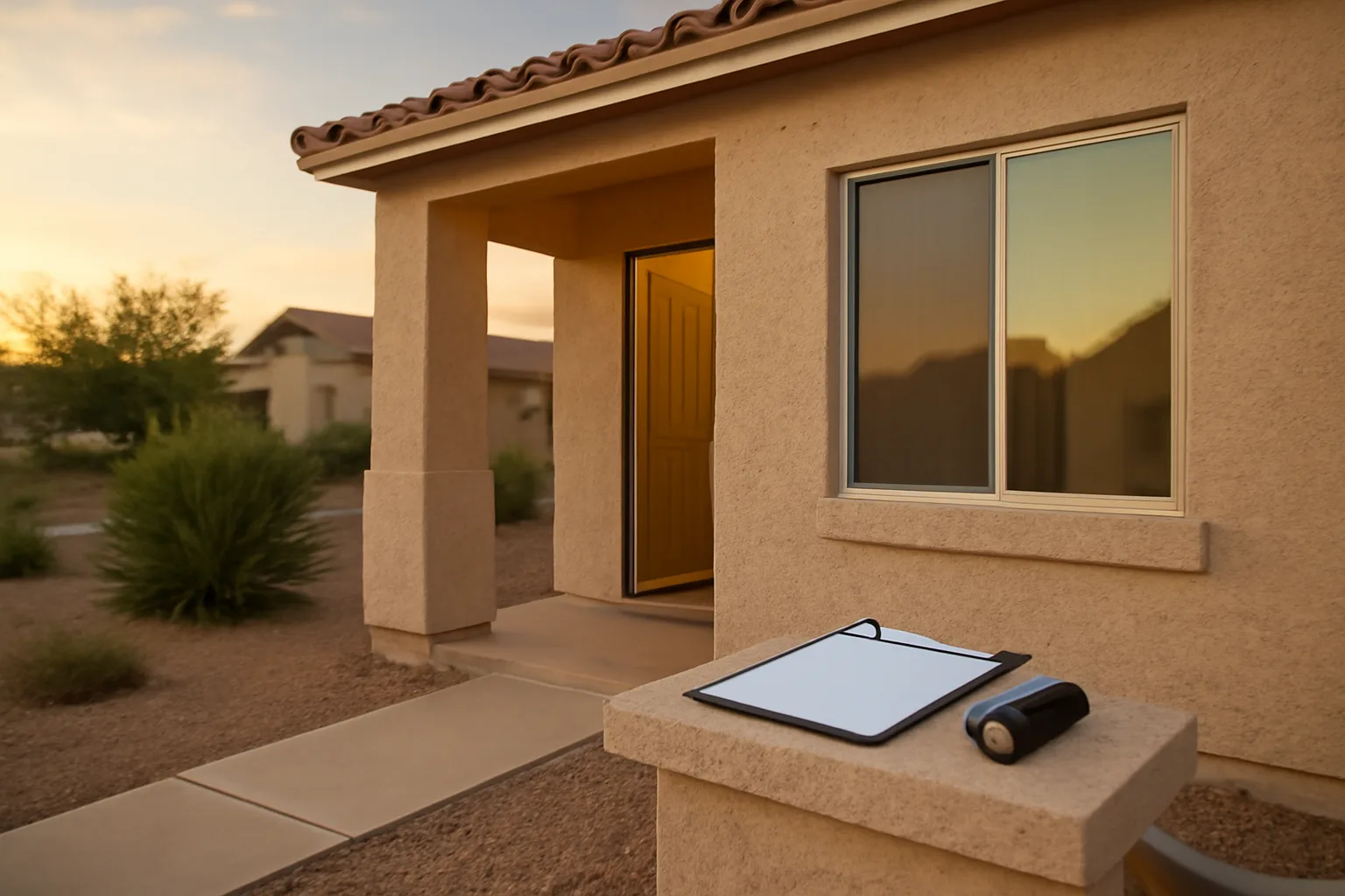 Stucco rental home exterior at dusk representing Maricopa rentals and landlord compliance