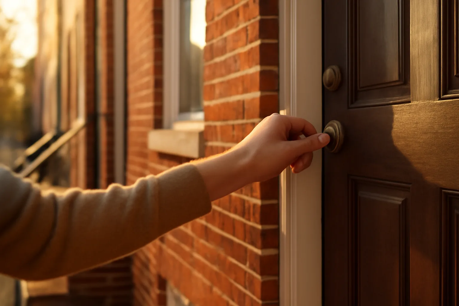 Landlord unlocking the front door of a Baltimore rowhouse rental property