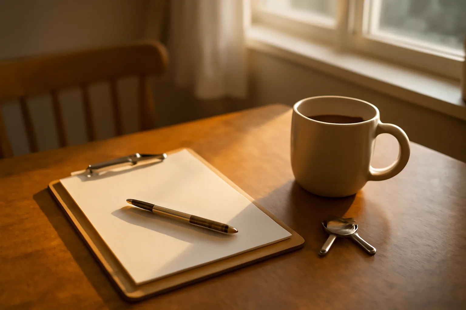 Desk with clipboard, pen, and keys representing a maryland rental application form review