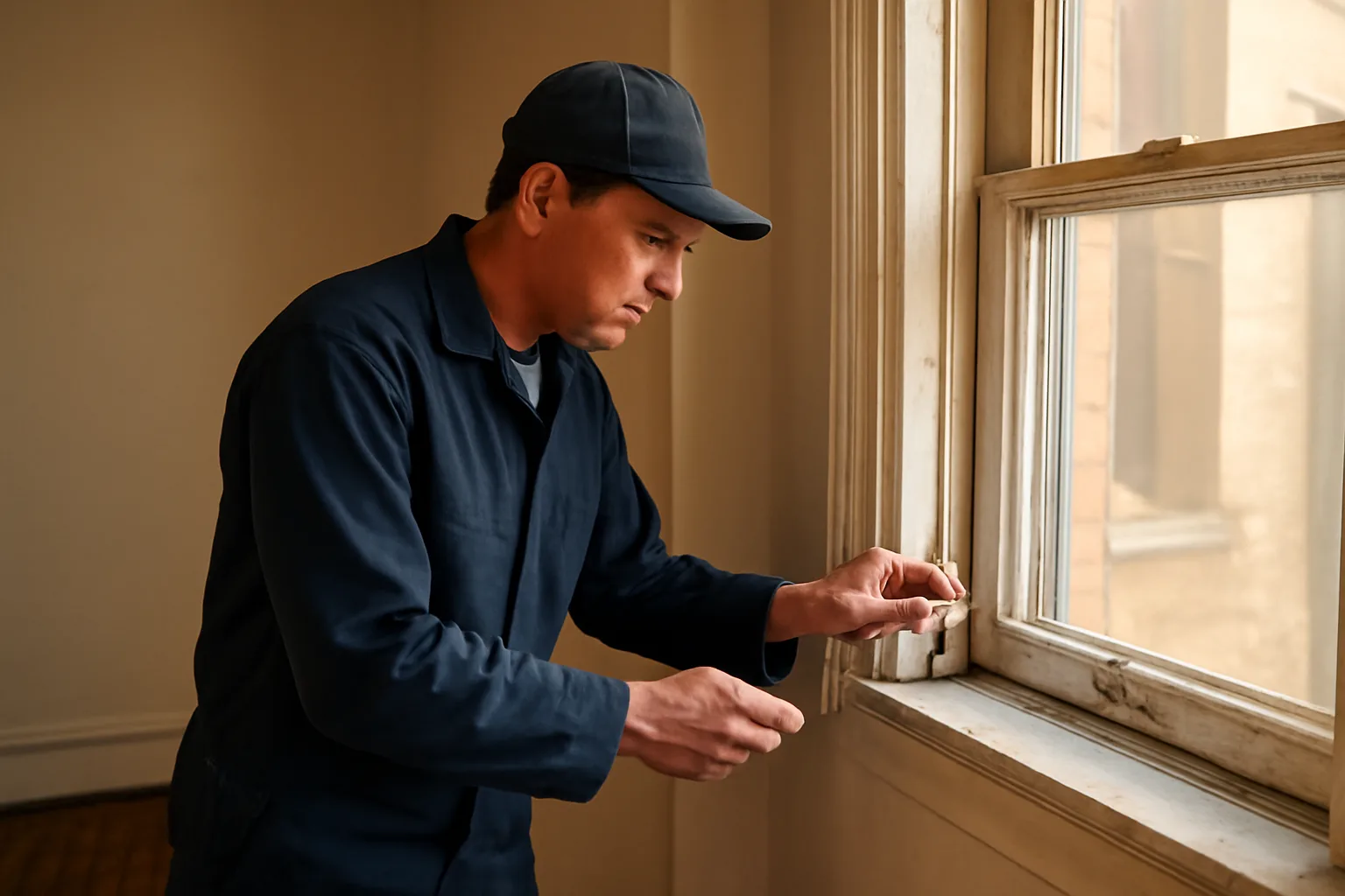 Landlord inspecting an outlet and window in an older pre-1978 rental unit