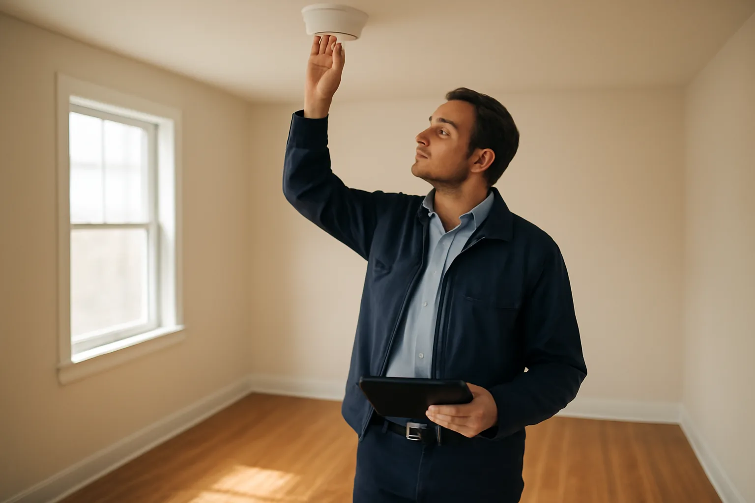 Landlord checking a smoke detector during a rental unit inspection walk-through