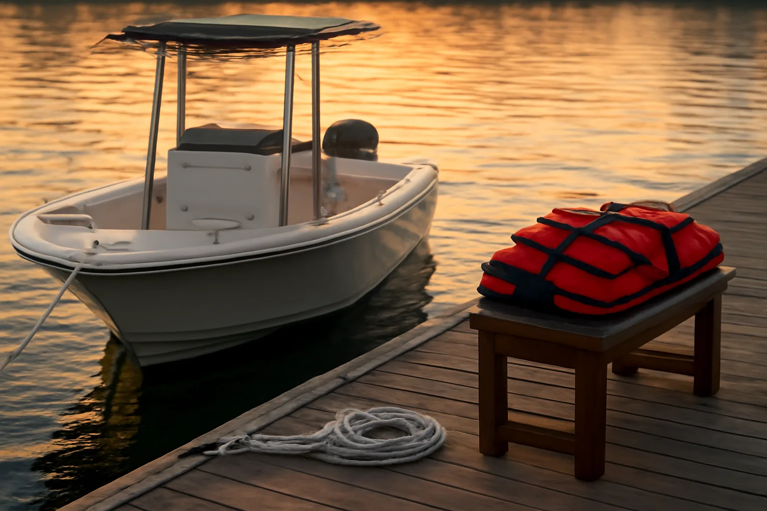 Miami marina dock at sunset with a rental boat and life jackets on a bench
