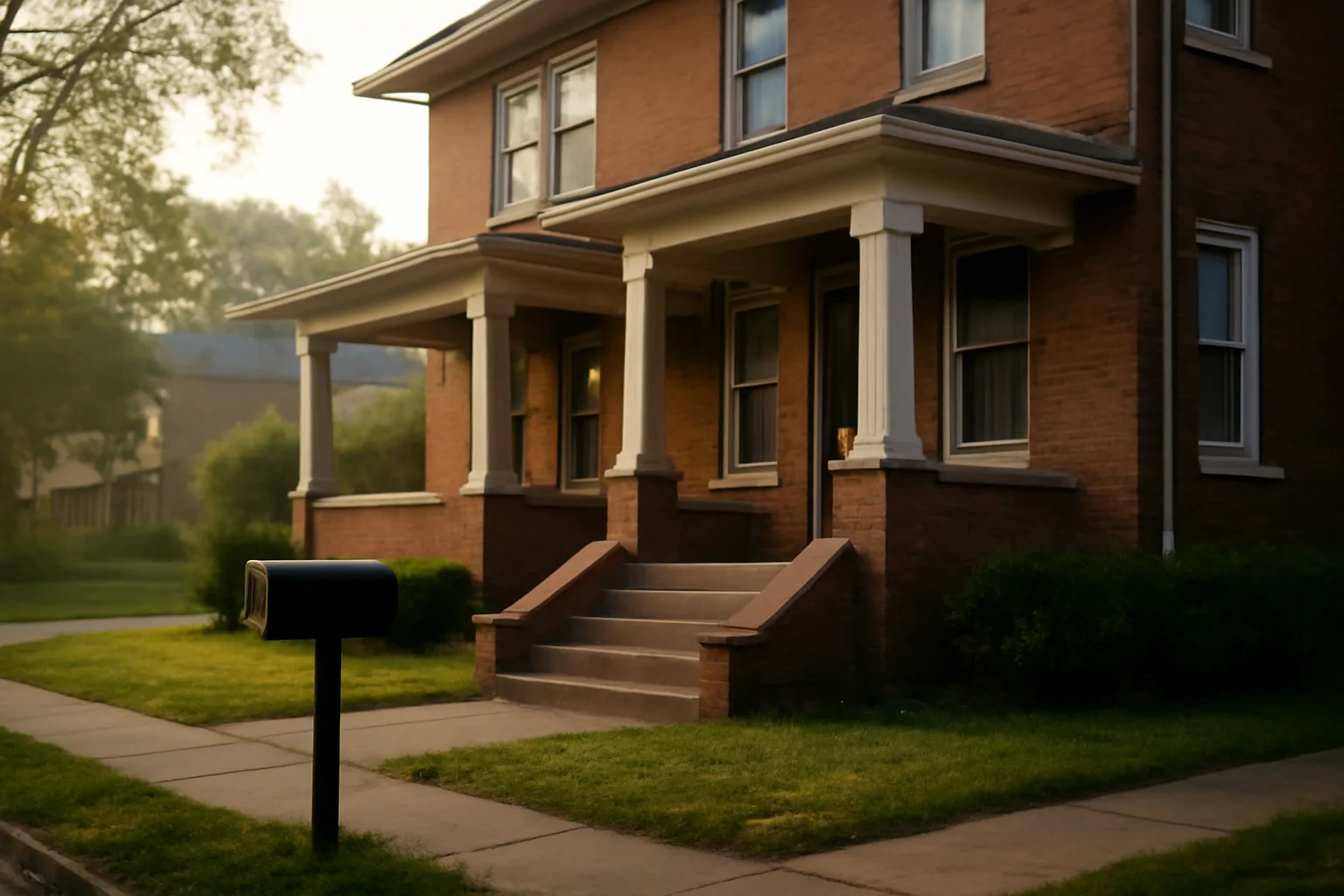 Minneapolis-style duplex rental exterior in soft morning light, no signage visible