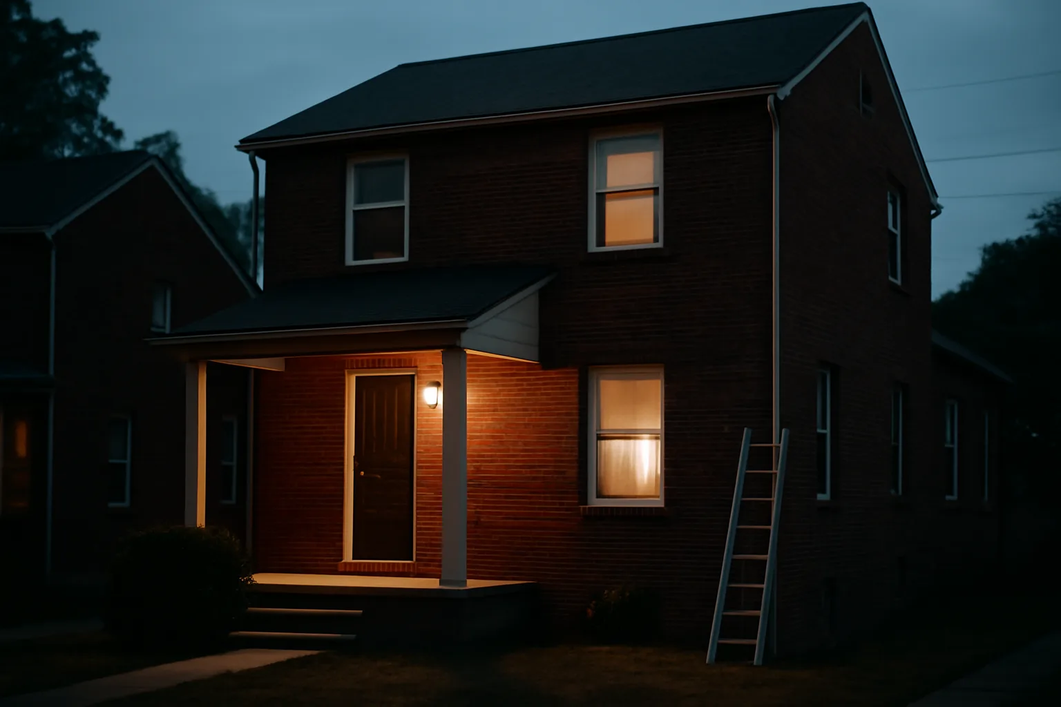 Brick rowhouse duplex at dusk representing a Montgomery County rental license property