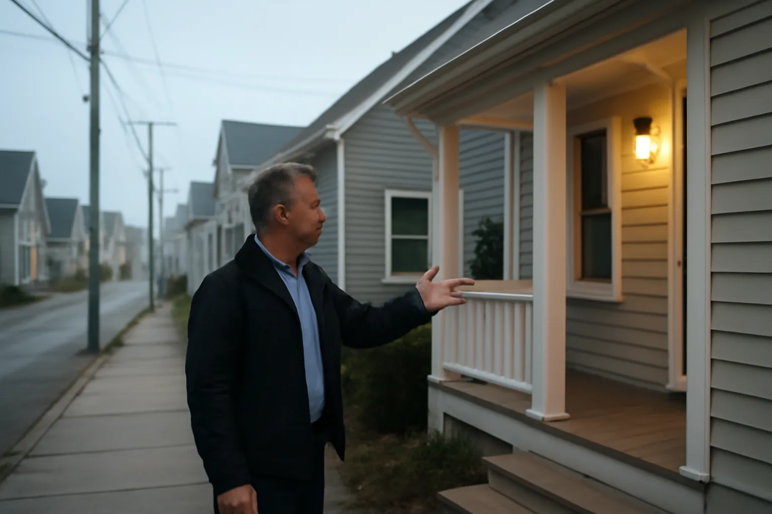 Coastal New England street with rental houses during a morning safety inspection visit