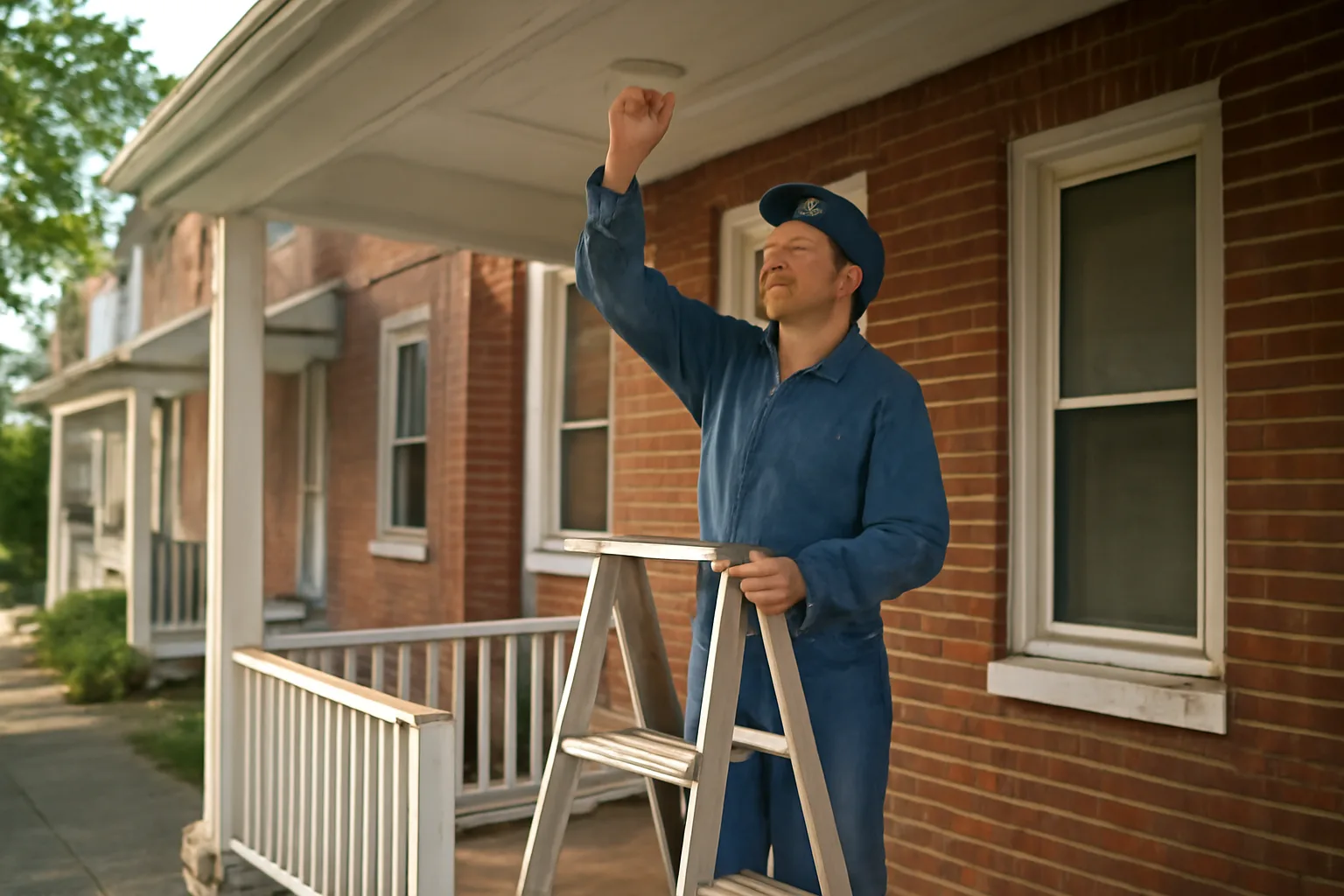 Landlord checking a smoke detector during a rental property inspection walk-through