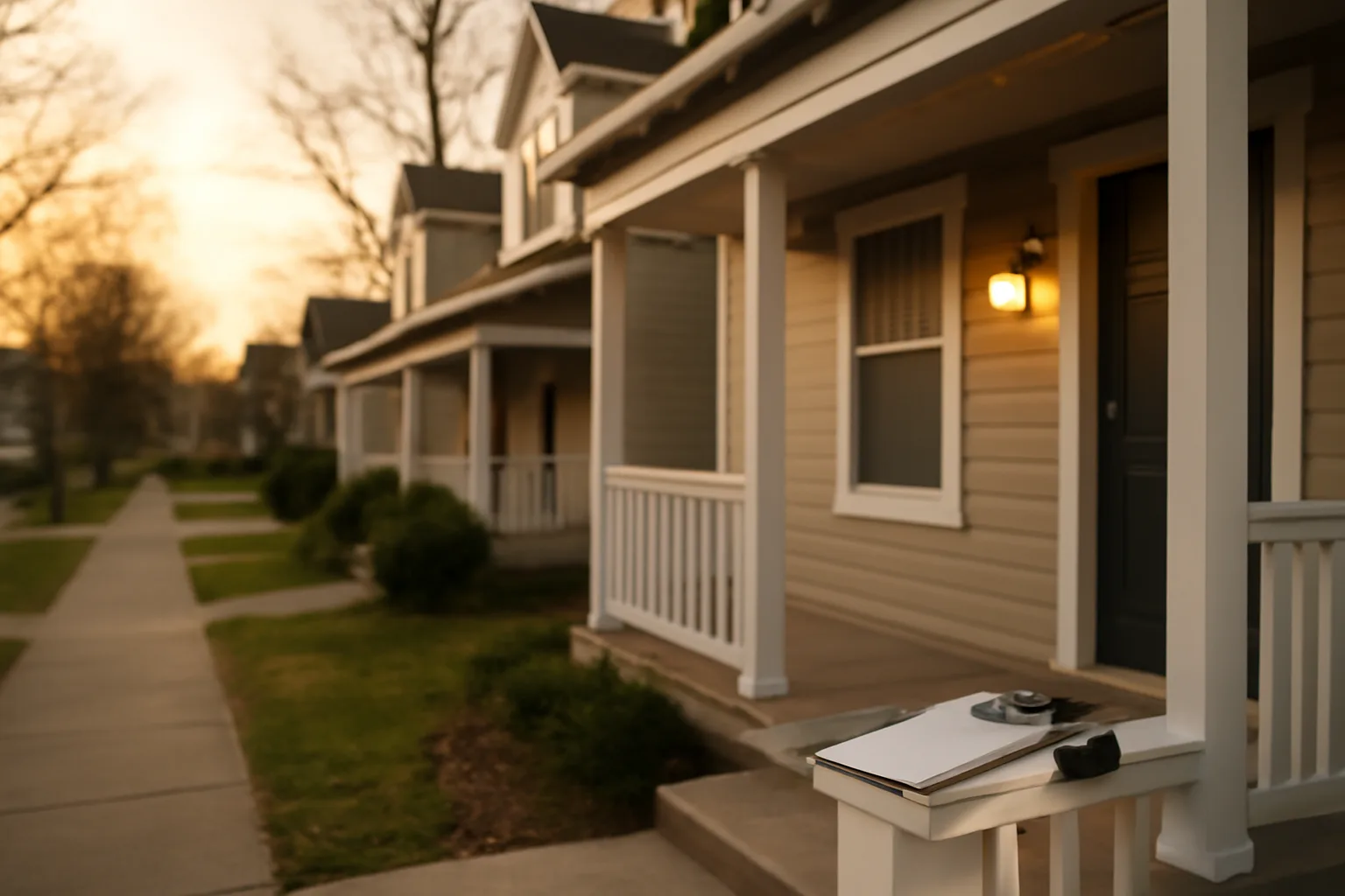 Duplex rental property exterior at dusk with inspection clipboard on porch railing