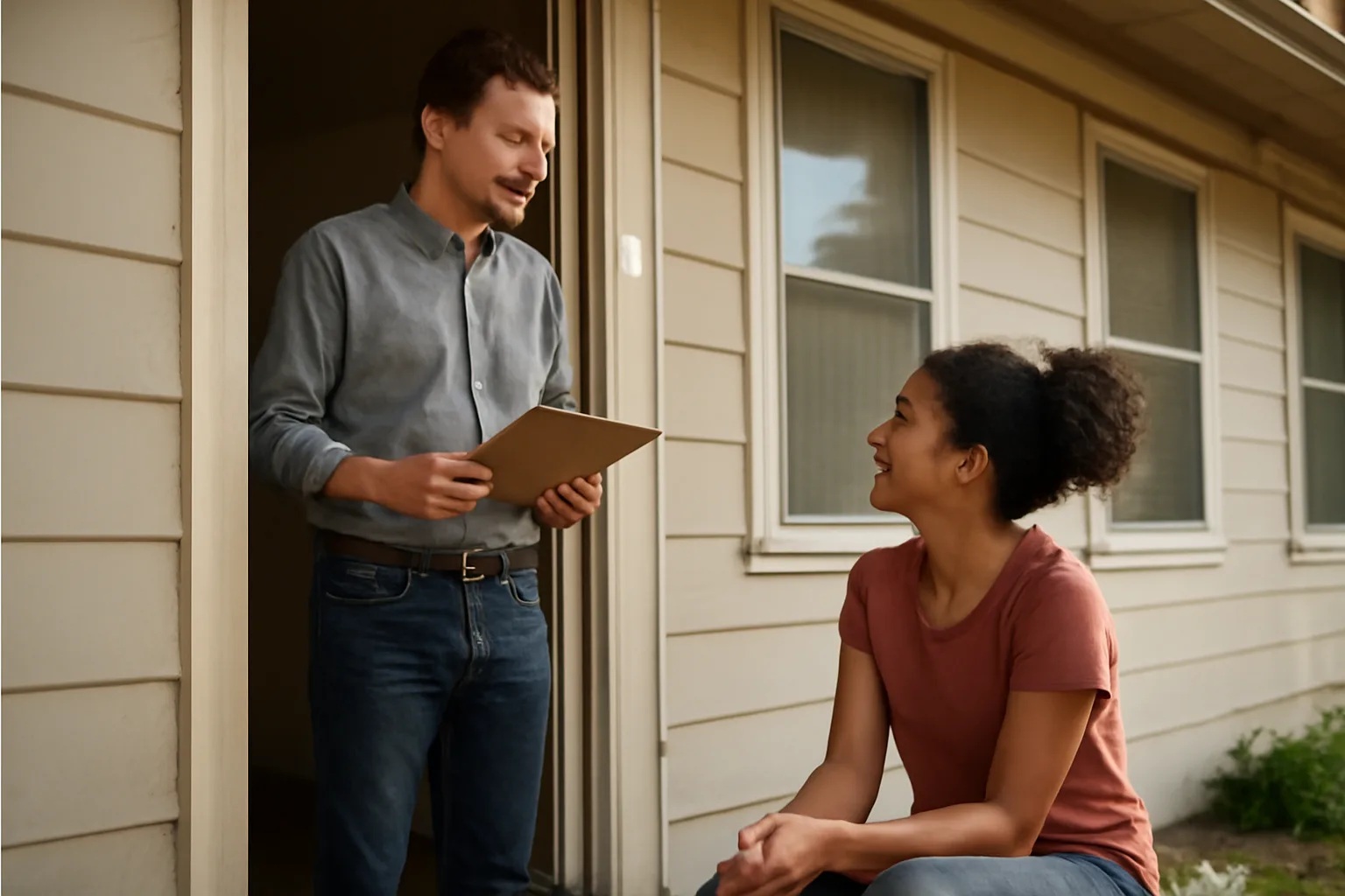 Landlord and tenant talking at a doorway before a scheduled rental inspection